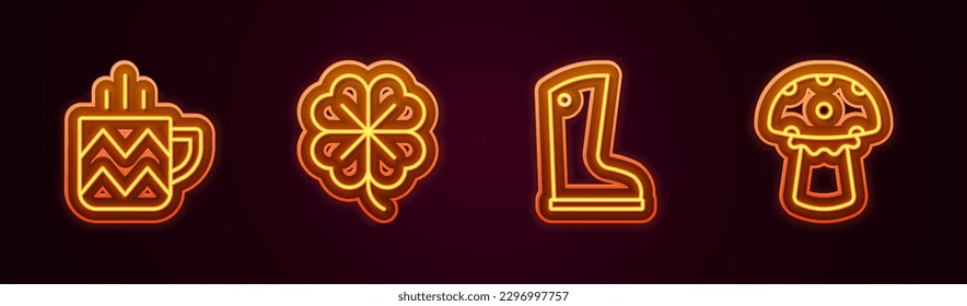 Set line Cup of tea, Four leaf clover, Waterproof rubber boot and Mushroom. Glowing neon icon. Vector