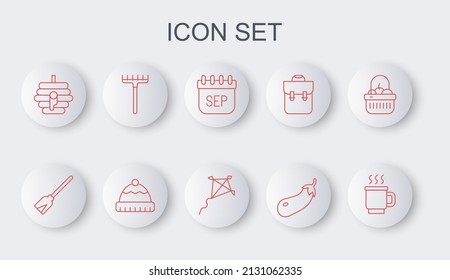 Set line Cup of tea, Handle broom, September calendar autumn, Eggplant, Hive for bees, Garden rake, Winter hat and Kite icon. Vector