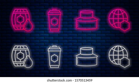 Set line Cup of tea with honey, Beekeeper with protect hat, Wooden barrel with honey and Honeycomb map of the world. Glowing neon icon on brick wall. Vector