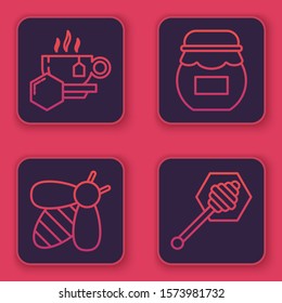 Set line Cup of tea with honey, Bee, Jar of honey and Honey dipper stick. Blue square button. Vector