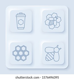 Set line Cup of tea with honey, Bee and honeycomb, Honeycomb and Bee. White square button. Vector