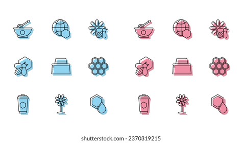 Set line Cup of tea with honey, Flower, Honey dipper stick and bowl, Honeycomb, Beekeeper protect hat, honeycomb and map the world icon. Vector