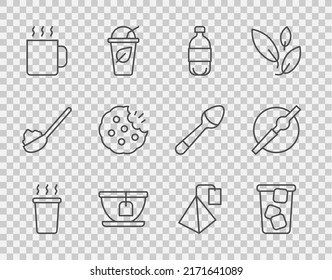 Set line Cup of tea, Ice, Bottle water, with bag, Cookie or biscuit, Tea and Cigarette icon. Vector