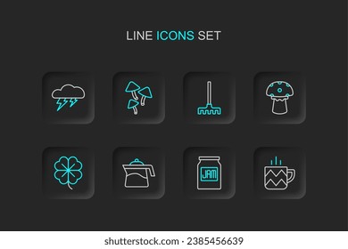 Set line Cup of tea, Jam jar, Teapot, Four leaf clover, Mushroom, Garden rake,  and Cloud and lightning icon. Vector