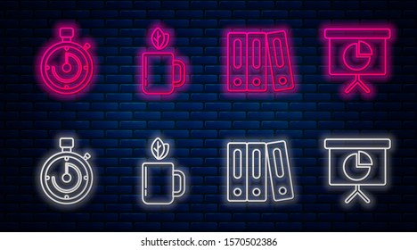 Set line Cup of tea and leaf, Office folders with papers and documents, Briefcase and financial board with graph, chart, diagram, infographic, pie graph. Glowing neon icon on brick wall. Vector