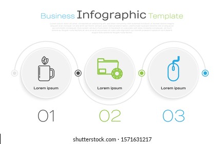 Set line Cup of tea and leaf, Folder settings with gears and Computer mouse. Business infographic template. Vector
