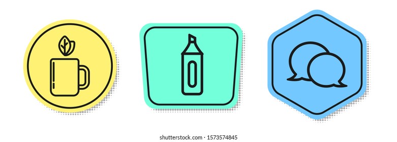Set line Cup of tea and leaf, Marker pen and Speech bubble chat. Colored shapes. Vector