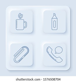 Set line Cup of tea and leaf, Marker pen, Paper clip and Telephone handset and speech bubble chat. White square button. Vector