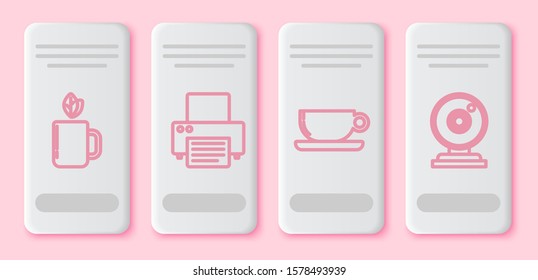 Set line Cup of tea and leaf, Printer, Coffee cup flat and Web camera. White rectangle button. Vector