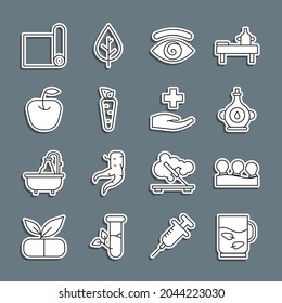 Set line Cup of tea and leaf, Vacuum cans, Oil bottle, Hypnosis, Carrot, Apple, Fitness mat roll and Cross hospital medical icon. Vector
