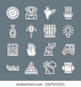 Set line Cup of tea and leaf, Taxi tuk tuk, Christian cross, India map, Kite, Indian vase, Chakra and Instrument tabla icon. Vector