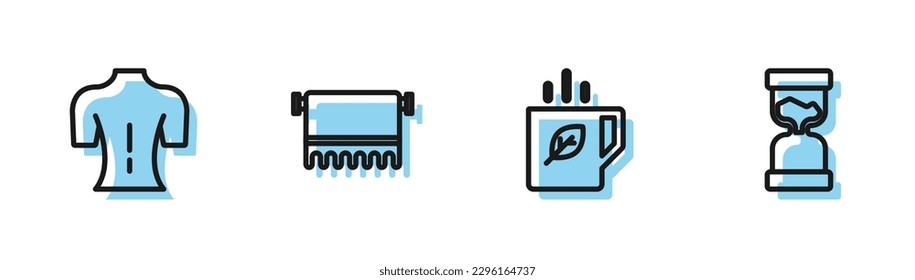 Set line Cup of tea and leaf, Massage, Towel on hanger and Old hourglass icon. Vector