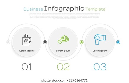 Set line Cup of tea and leaf, Lotus flower and Hair dryer. Business infographic template. Vector