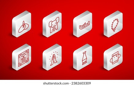 Set line Cup of tea and leaf, Elephant, Indian shoes, Rosary beads religion, vase, headgear turban, Hands in praying position and constitution day icon. Vector