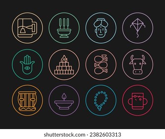 Set line Cup of tea and leaf, Cow, Indian man, Yagna, Hamsa hand, with bag, Tandoori chicken and Incense sticks icon. Vector