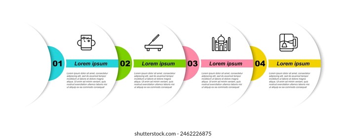 Set line Taza de té y hoja, Palo perfumado del spa, Taj Mahal y con la bolsa. Plantilla de infografía de negocios. Vector