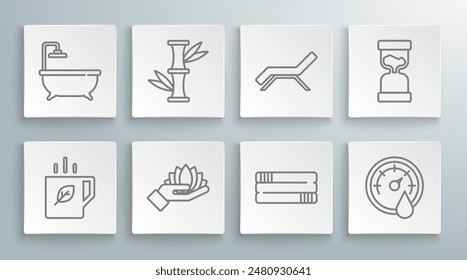 Set line Cup of tea and leaf, Bamboo, Lotus flower, Towel stack, Sauna thermometer, Sunbed umbrella, Old hourglass and Bathtub icon. Vector