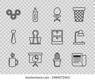 Set line Cup of tea and leaf, Presentation financial board with graph, schedule, chart, diagram, infographic, pie graph, Gear, Binder clip, Cactus succulent pot and Table lamp icon. Vector