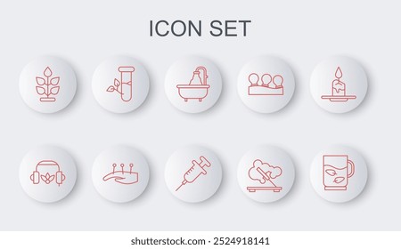 Set line Cup of tea and leaf, Headphones for meditation, Bathtub, Scented spa stick, Plant, Laboratory glass leaves, Acupuncture therapy and Syringe icon. Vector