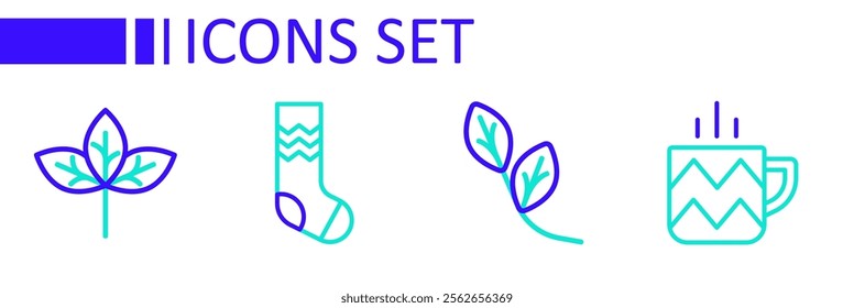 Set line Cup of tea, Leaf, Socks and Winter hat icon. Vector