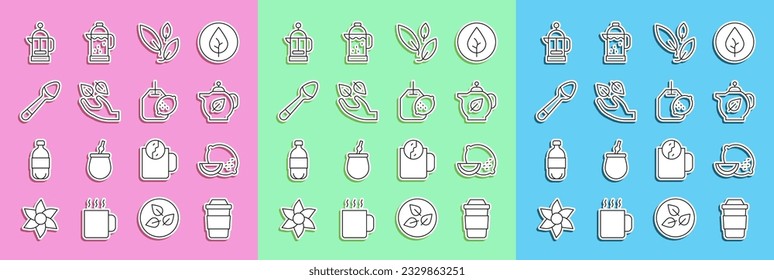 Fijar la línea Copa de té, limón, tetera con hoja, en mano, teaspoón, prensa francesa y léxico de bolsa. Vector