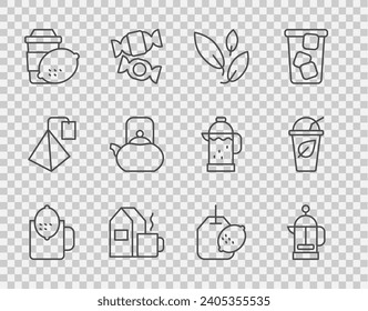 Set line Cup of tea with lemon, French press, Tea leaf, milk, Kettle handle, bag and  icon. Vector