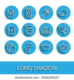Set line Cup of tea with lemon, Tea bag, leaf, Teapot,  and Piece cake icon. Vector