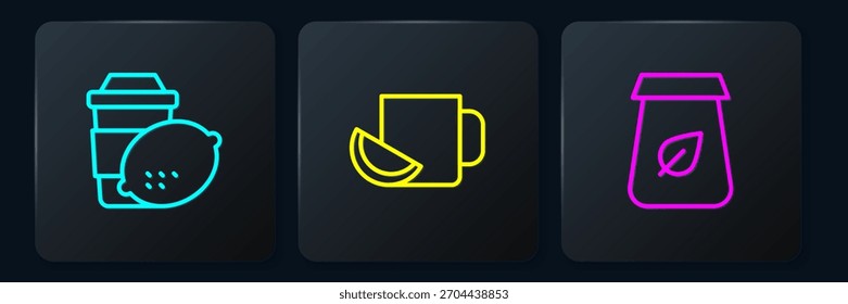 Set line Taza de té con limón, Embalaje de té y . Botón cuadrado negro. Vector