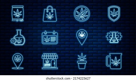 Set line Cup tea with marijuana, Test tube, Stop, Calendar and, Marijuana or cannabis seeds, Location and Shopping bag of icon. Vector