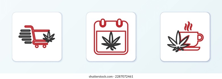 Set line Cup tea with marijuana, Shopping cart and Calendar and icon. Vector