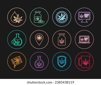 Set Line Cup Tee mit Marihuana, Online-Einkauf, Stopp, Position und, Test-Tube, Marijuana oder Cannabis Blatt Öl, Medizinische Flasche und Ikone. Vektorgrafik