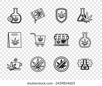 Set line Taza de té con marihuana, Tubo de prueba, Escudo y, Stop, Carrito de la compra, y el icono. Vector