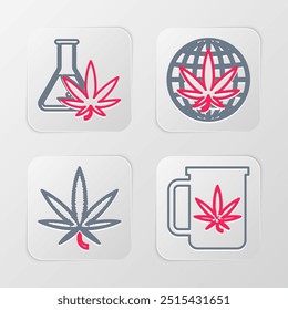 Set line Taza de té con marihuana, marihuana o hoja de cannabis, legalizar y el icono de tubo de ensayo. Vector