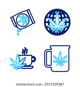 Set line Cup tea with marijuana, Legalize and Marijuana or cannabis seeds icon. Vector