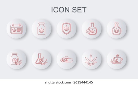 Set line Cup tea with marijuana, Medical bottle, Shield and, Marijuana or cannabis leaf, Calendar, Test tube and pills icon. Vector