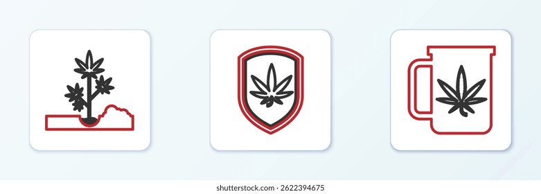 Set line Taza de té con marihuana, Plantación y Escudo e icono. Vector