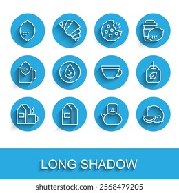 Set line Cup of tea with milk, Paper package for, Lemon, Kettle handle, Tea leaf, bag and  icon. Vector