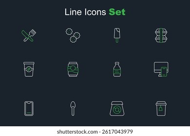 Set line Cup of tea, Online ordering food, Spoon, Food mobile, Bottle water, Soda can and Coffee cup to go icon. Vector