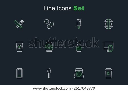 Set line Cup of tea, Online ordering food, Spoon, Food mobile, Bottle water, Soda can and Coffee cup to go icon. Vector