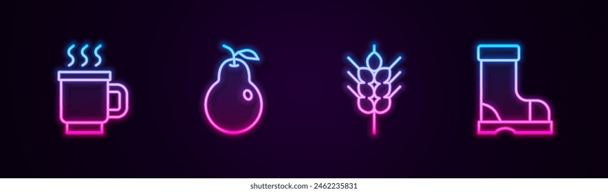 Set line Cup of tea, Pear, Wheat and Waterproof rubber boot. Glowing neon icon. Vector
