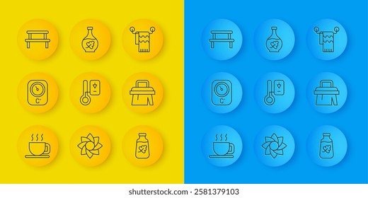 Set line Cup of tea, Sauna thermometer, Essential oil bottle, brush, wood bench, Towel on hanger and  icon. Vector