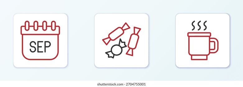 Set line Cup of tea, September calendar autumn and Candy icon. Vector