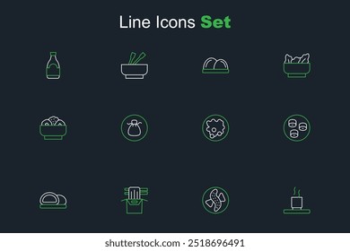 Set line Cup of tea, Served cucumber on plate, Asian noodles in paper box, Sushi, Rice bowl, Wonton and Chow mein icon. Vector