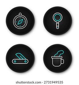 Set line Cup of tea, Swiss army knife, Magnifying glass and Compass icon. Vector