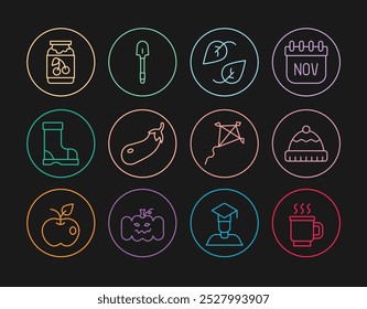 Set line Cup of tea, Winter hat, Leaf, Eggplant, Waterproof rubber boot, Jam jar, Kite and Shovel icon. Vector