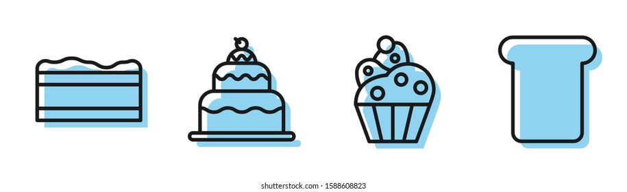 Set line Cupcake , Brownie chocolate cake , Cake  and Bread toast icon. Vector