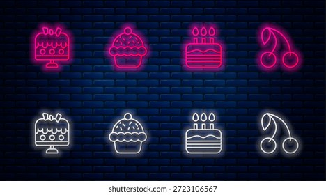 Fije la línea Cupcake, Pastel con velas encendidas, en el plato y Cereza. Icono de neón brillante en la pared de ladrillo. Vector