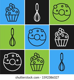 Set line Cupcake , Donut with sweet glaze  and Kitchen whisk  icon. Vector