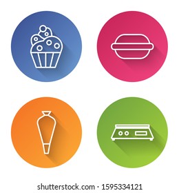 Set line Cupcake , Macaron cookie , Pastry bag for decorate cakes and Electronic scales . Color circle button. Vector
