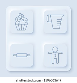 Set line Cupcake , Measuring cup, Rolling pin  and Holiday gingerbread man cookie . White square button. Vector